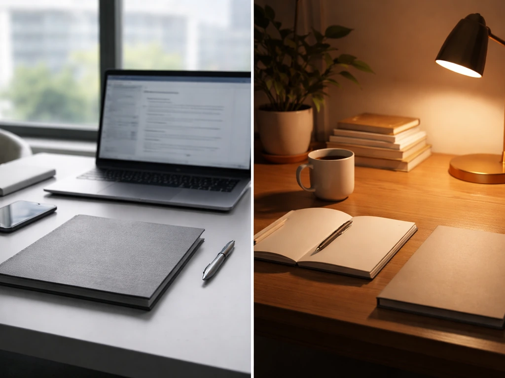 Split-view of a filing desk and a private home office, symbolizing public filings vs limited private disclosures.