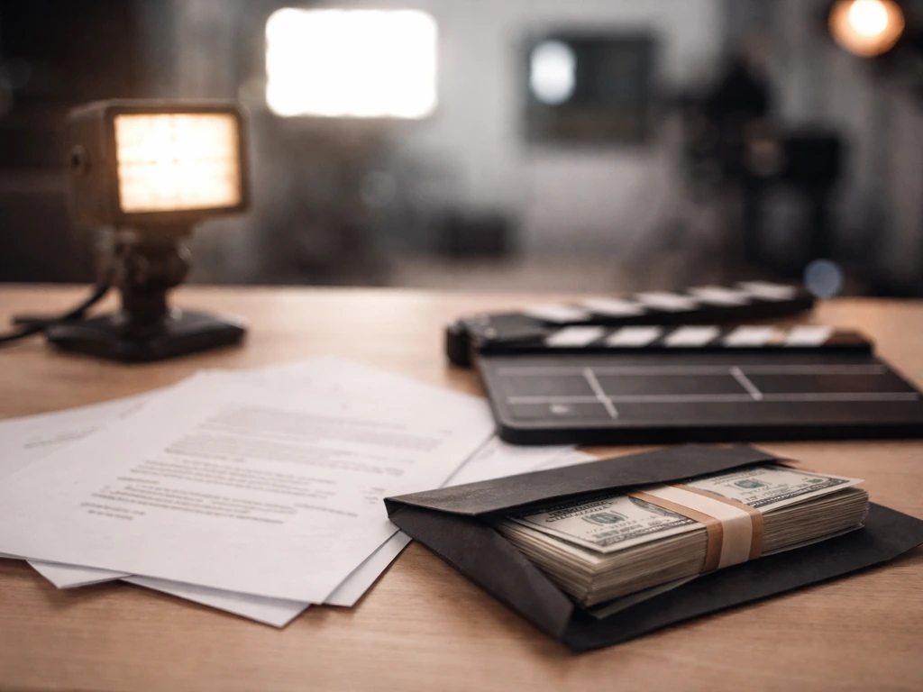 Minimal film-studio desk with a streaming camera light, script pages, and a bundled cash envelope backdrop