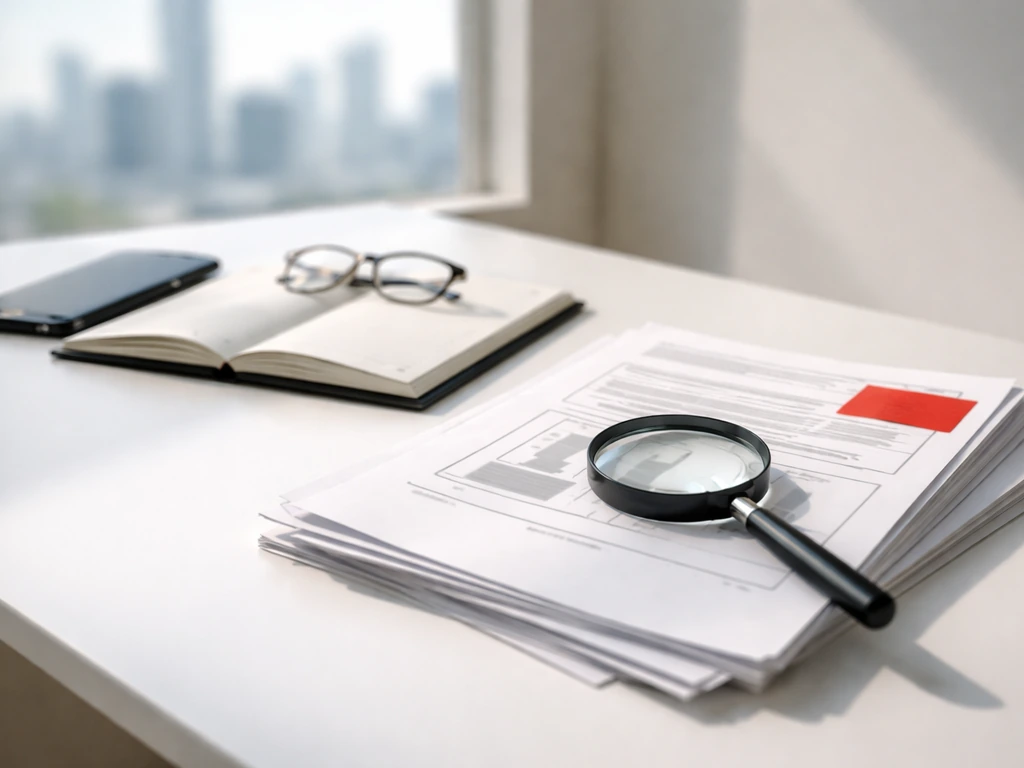 Minimal desk scene with documents, magnifying glass, red warning sticker, and phone—symbolic due diligence.