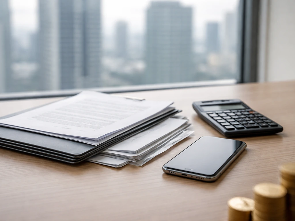 Minimal desk scene with documents, a calculator, smartphone, and blurred city finance backdrop for net worth verificatio