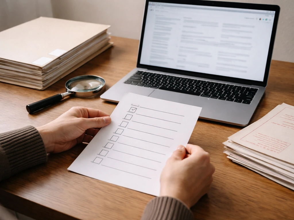 Minimal photo of a checklist card and a laptop showing official databases for verified evidence research.