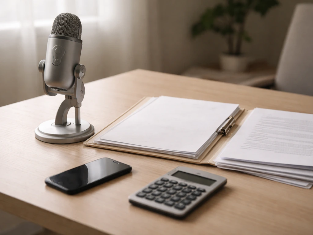 Minimal desk scene with studio mic and scattered finance documents suggesting evidence-based income estimation