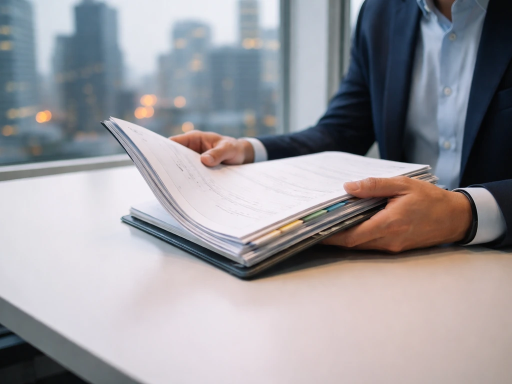 Anonymous entrepreneur reviewing financial statements in a quiet office with a blurred ticker-like city skyline.