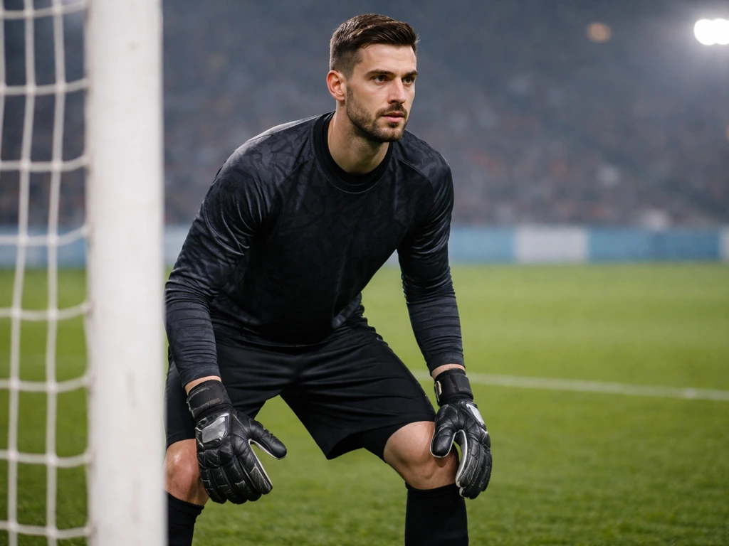 Bulgarian goalkeeper in match-day gear inside goal area, gloves on, focused in an empty stadium.