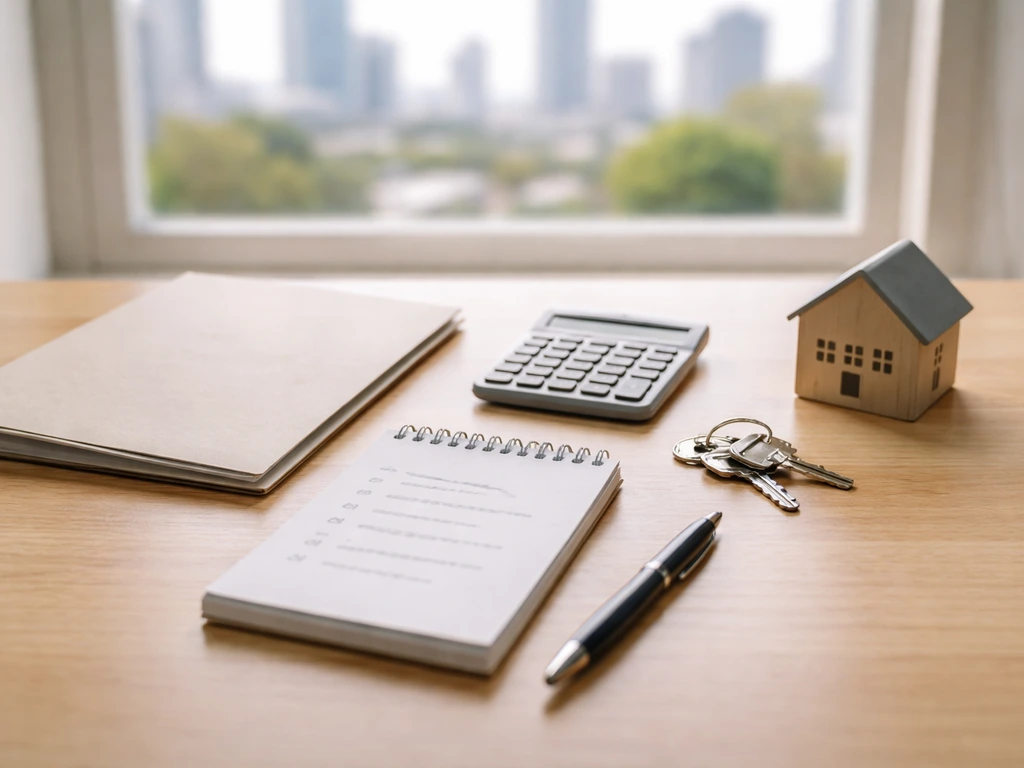 Minimal desk scene with a notepad and calculator, suggesting reviewing evidence for a net worth claim.