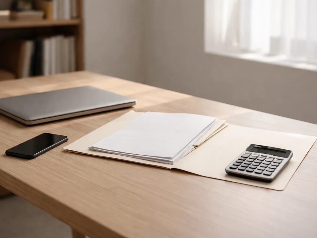 Sunlit office desk with calculator, scattered documents, and a closed laptop suggesting net worth research