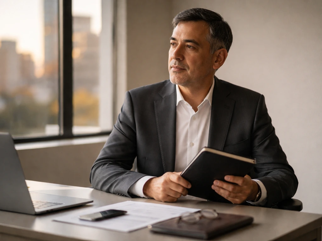 Chilean businessman in a tidy office, seated with a thoughtful expression and city light through window