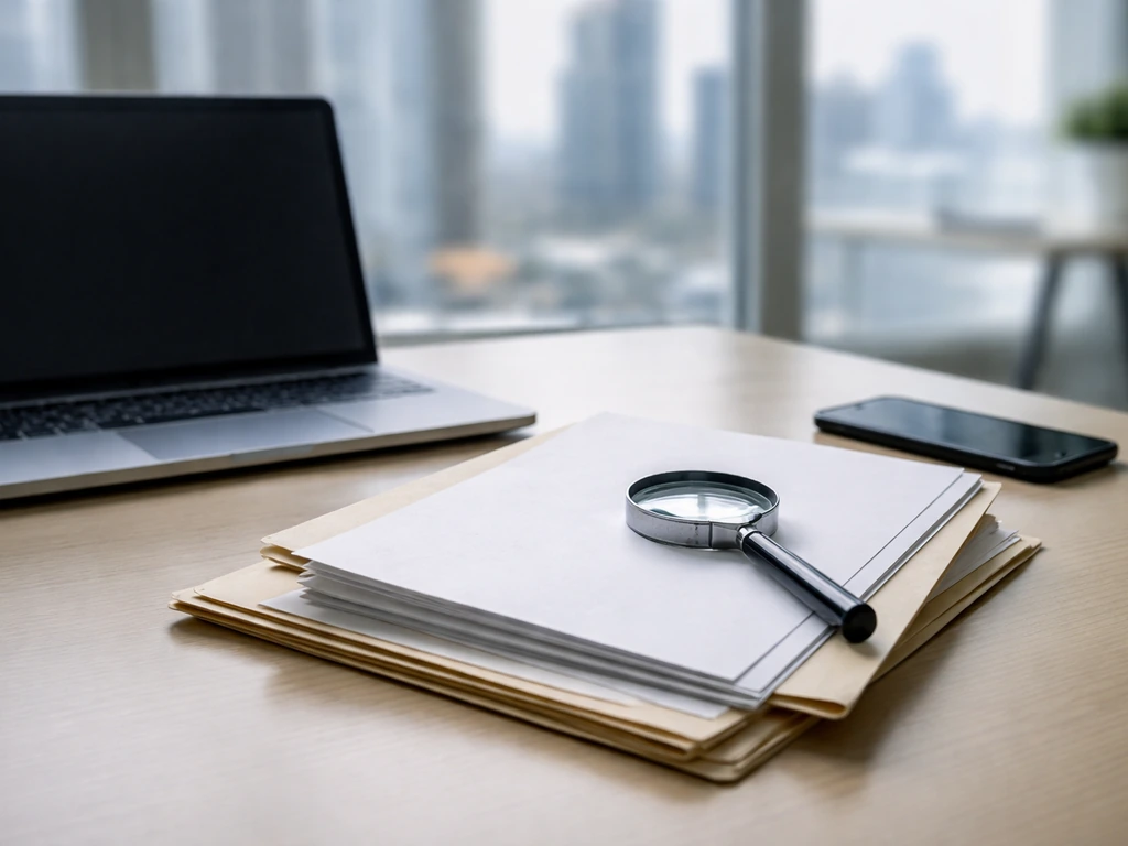 Minimal desk scene with scattered business documents and a laptop suggesting public records and finance research