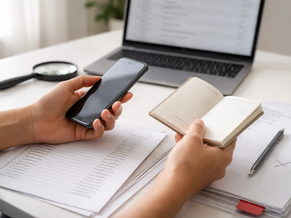 Hands check due-diligence documents and filings on a desk with a magnifying glass and red folder.