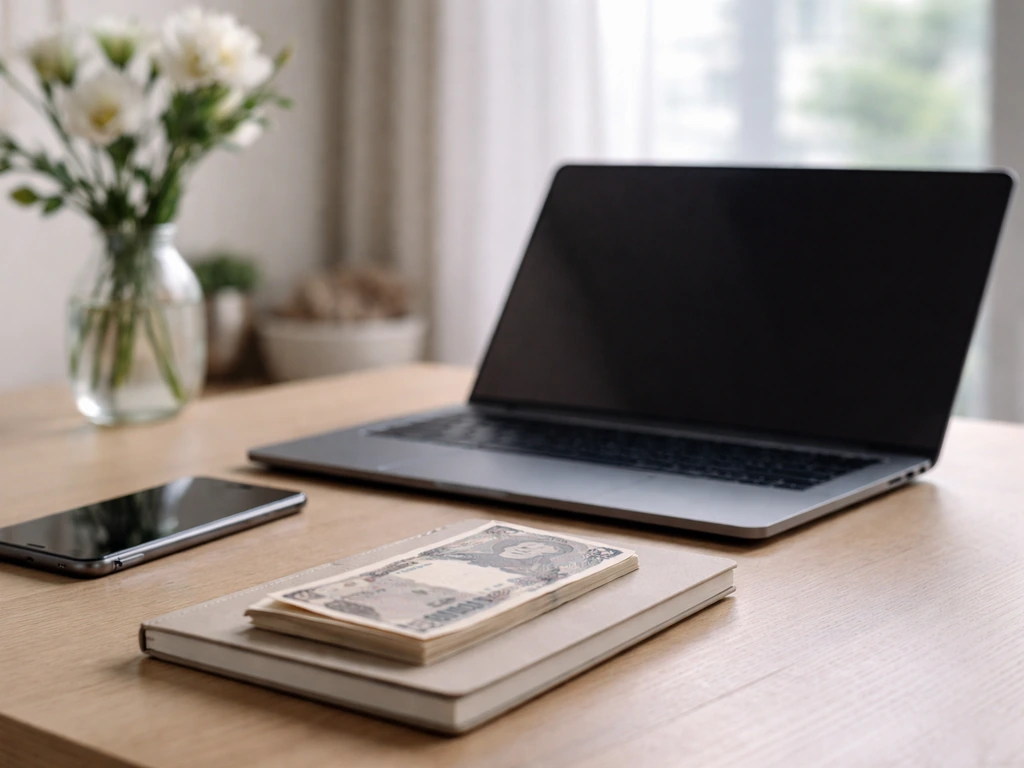 Minimal desk scene with a laptop and Japanese currency, suggesting verifying “Nicolai Bergmann net worth” sources.