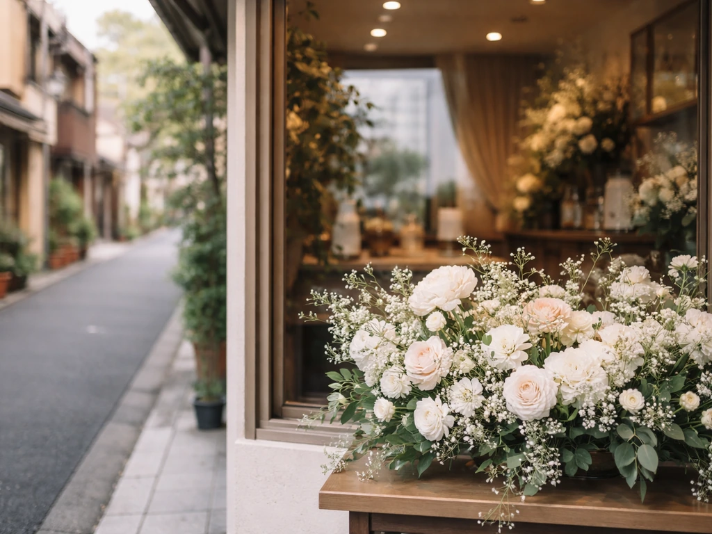 Floral shop window in Tokyo with elegant arrangements and soft morning light, hinting at a Danish florist’s work