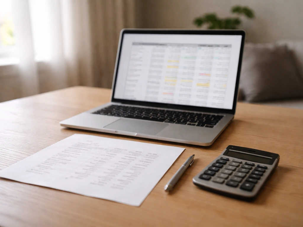 Minimal documentary-style photo of an anonymous desk setup with a blurred finance document under natural light.