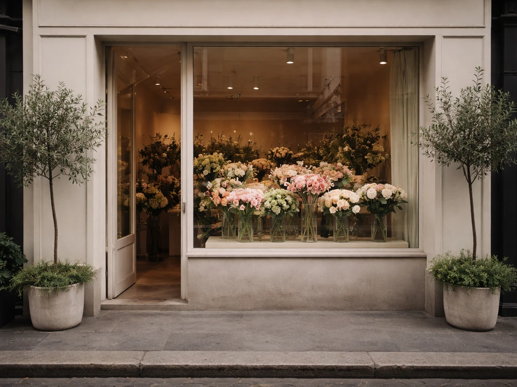 Minimal flower boutique storefront with a window of fresh roses in glass vases.