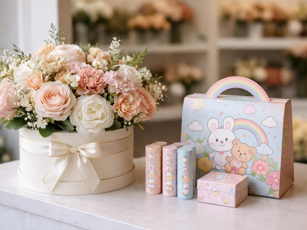 Co-branded product display with a flower box and playful character-themed packaging on a clean store counter