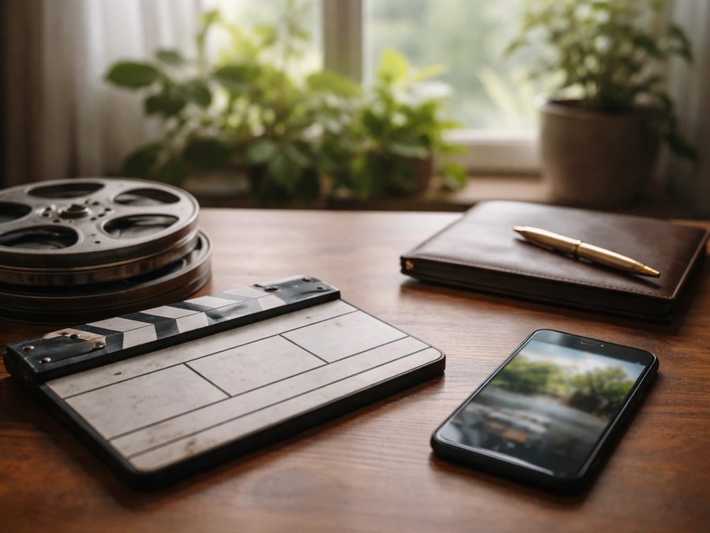 Empty media-studio table with film gear, phone, plants, and luxury items—symbolizing entertainment and wealth interest