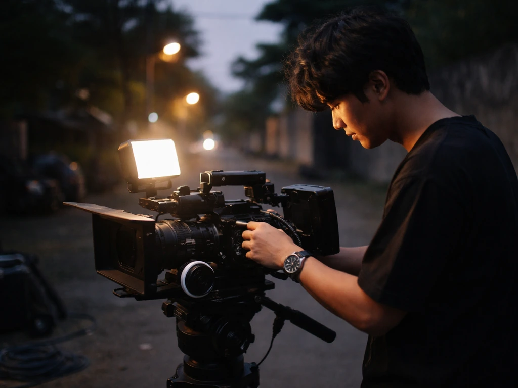Indonesian film crew setting: an actor in casual clothes adjusts a camera rig on a quiet night set