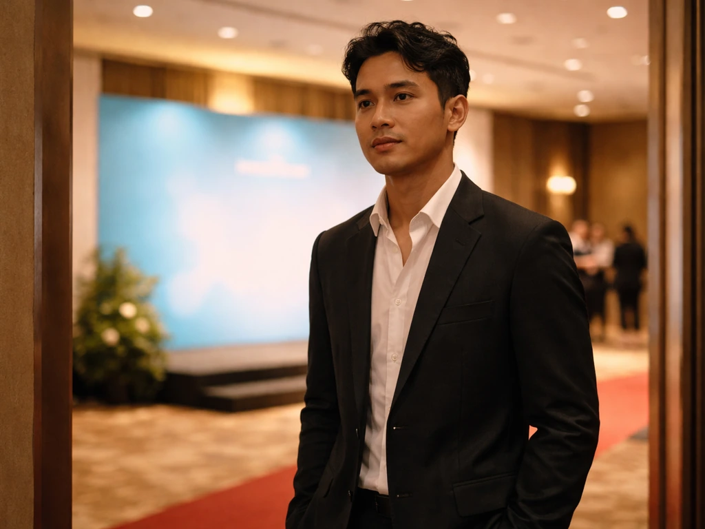 Indonesian male celebrity in casual formalwear at a charity event with a UNICEF-style banner in the background