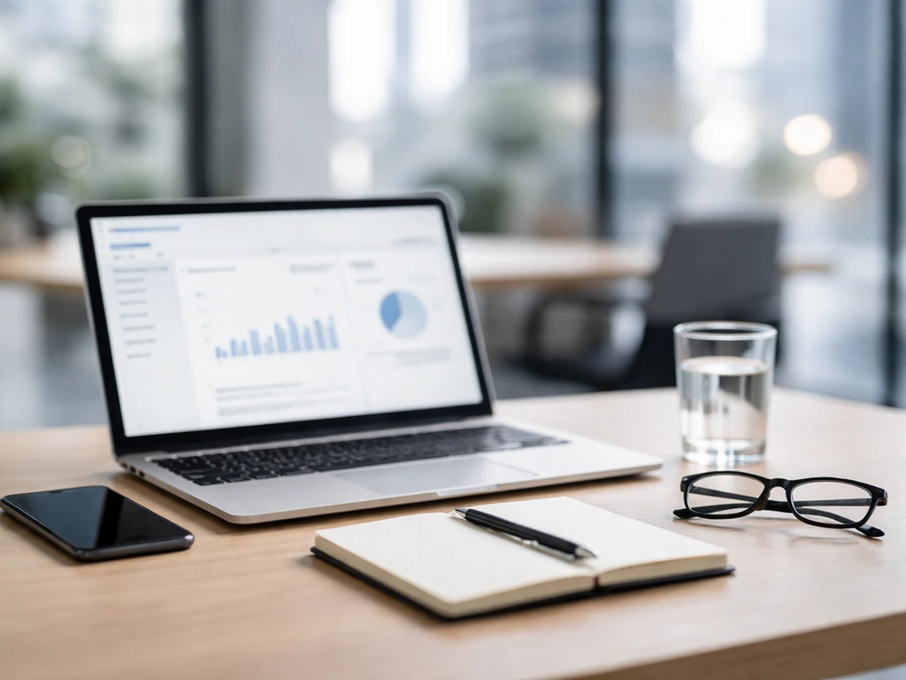 Minimal desk scene with a smartphone, notebook, and laptop showing a finance-focused workflow
