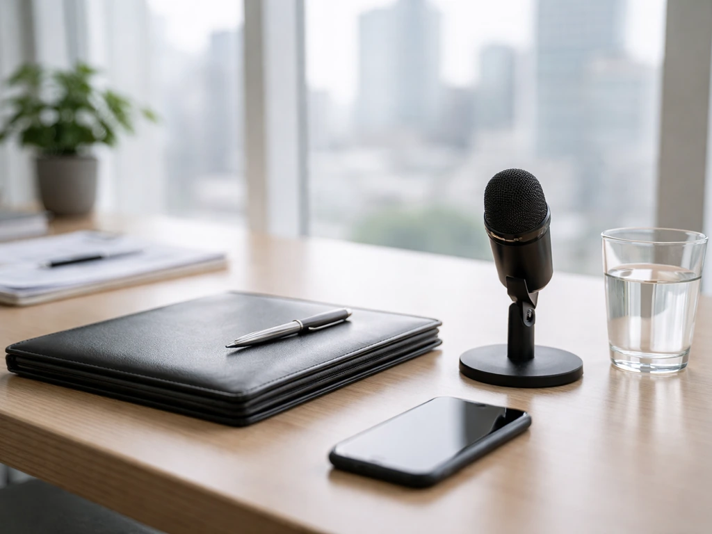 Minimal business office scene with a desk microphone and subtle finance cues for identifying a specific co-founder