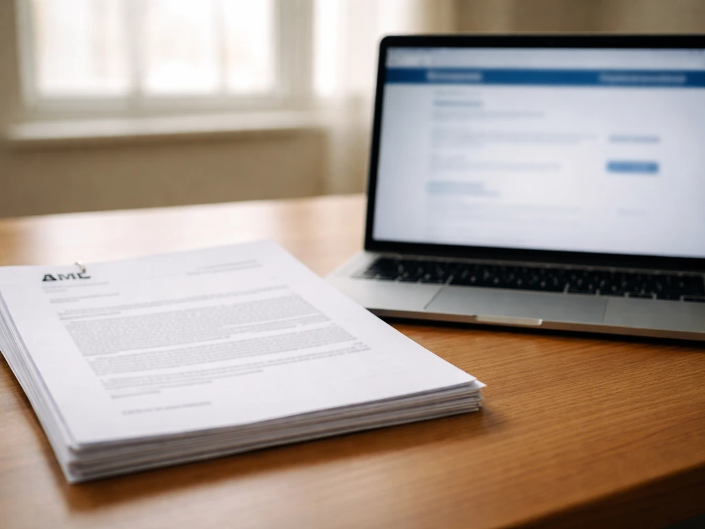 Close-up of printed AMF-style regulatory filing document and a laptop on a desk in soft daylight.