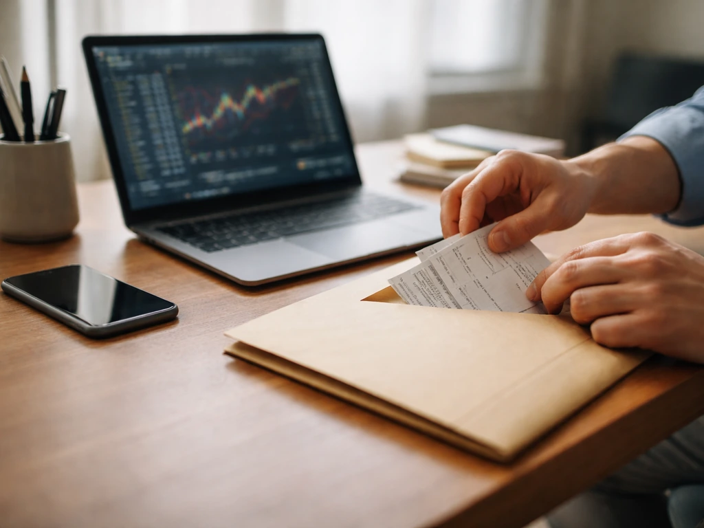 Anonymous hands at a desk with a laptop and phone, suggesting ongoing open-market stock purchases.