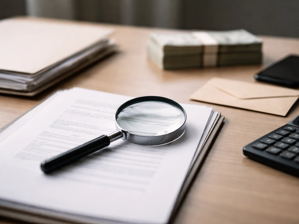 Magnifying glass over blurred public-record documents on a desk with calculator and receipts.