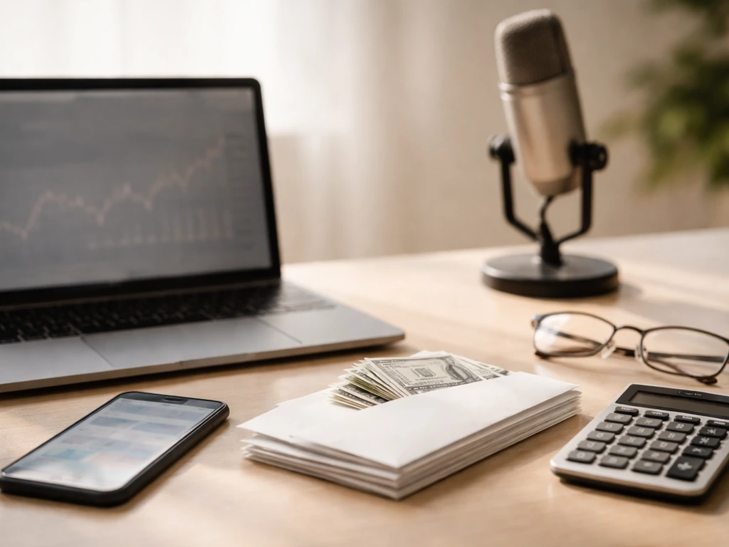 Desk scene with calculator, calculator and currency envelopes, and a blurred studio microphone for finance analysis.