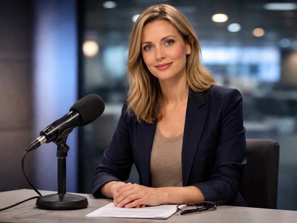 Anonymous TV presenter in a minimal studio with a microphone and soft background lights.