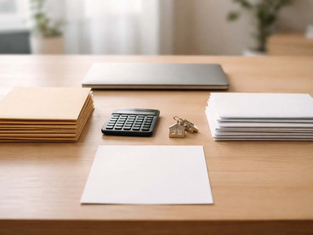 Minimal office desk scene with a calculator and neatly arranged envelopes representing assets and liabilities.