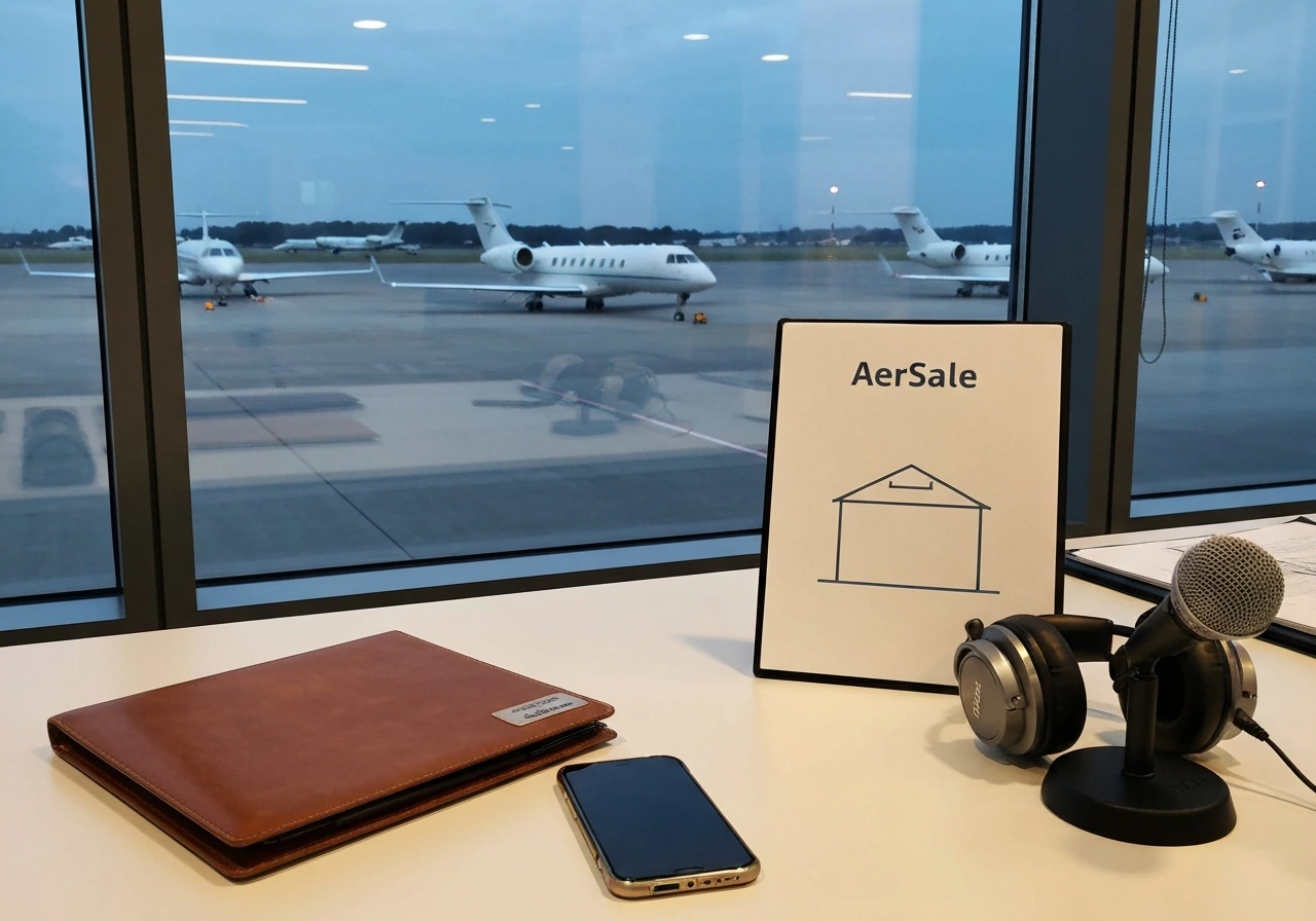 Minimal aviation office desk with headphones and microphone, jets visible through window at dusk.