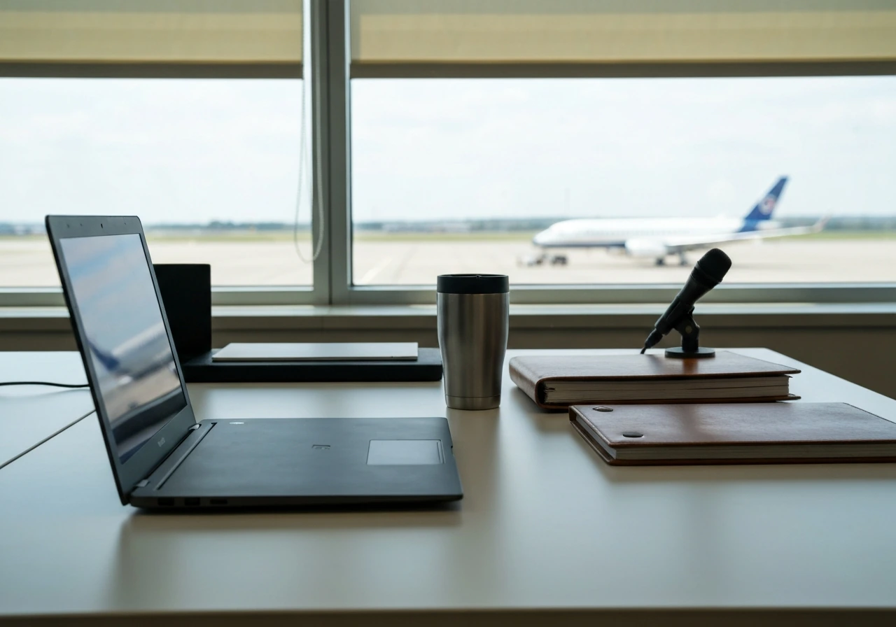 Minimal aviation office desk with microphone and blurred jet outside window, no people visible.