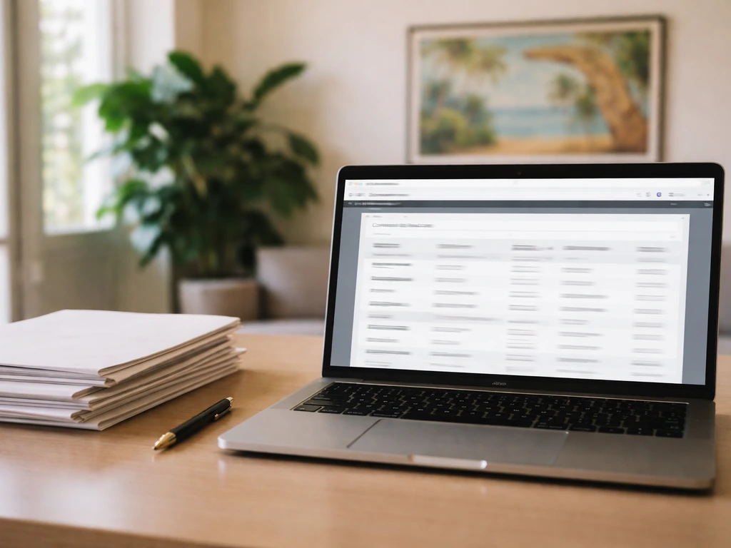 Laptop on a Coral Gables desk showing a blurred corporate records page layout, no readable text.