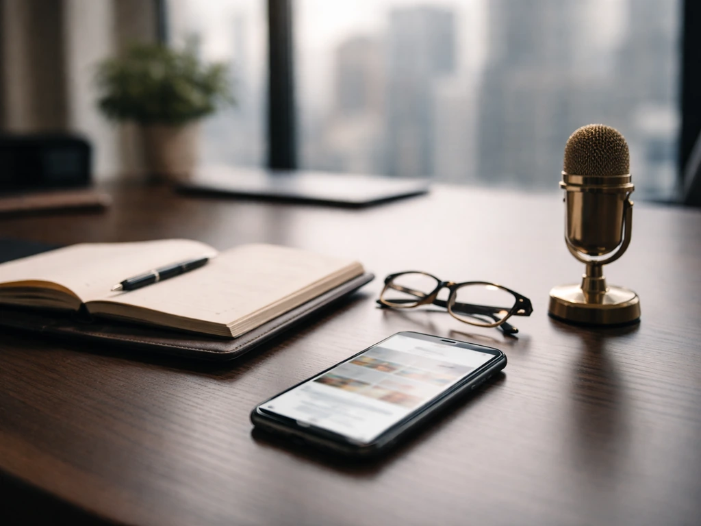 Minimal office desk scene with phone and microphone, symbolizing verifying the right executive before discussing finance
