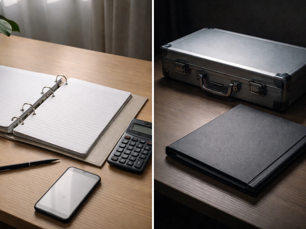 Minimal split desk scene: open documents and calculator on one side, locked briefcase on the other.