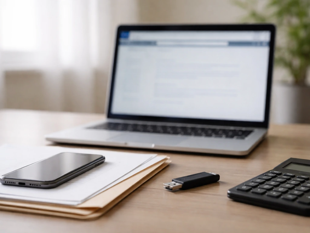 Minimal desk scene with laptop browsing interface, calculator, and phone for verifying a financial filing.