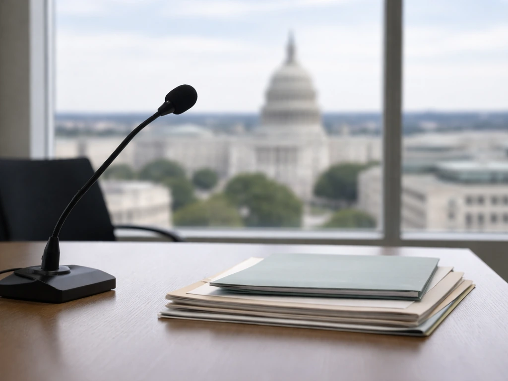 Washington, D.C. nonprofit policy setting with a desk microphone and papers suggesting public records analysis