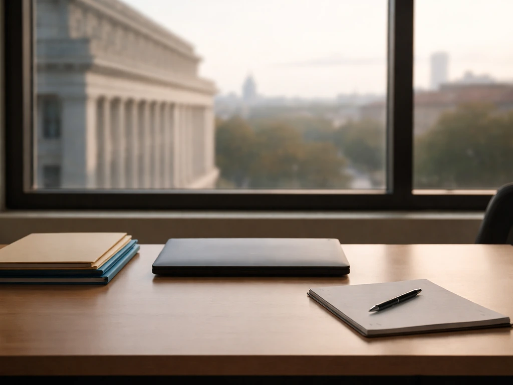 Washington, D.C. nonprofit-style office scene with a laptop and documents near government-themed architecture views