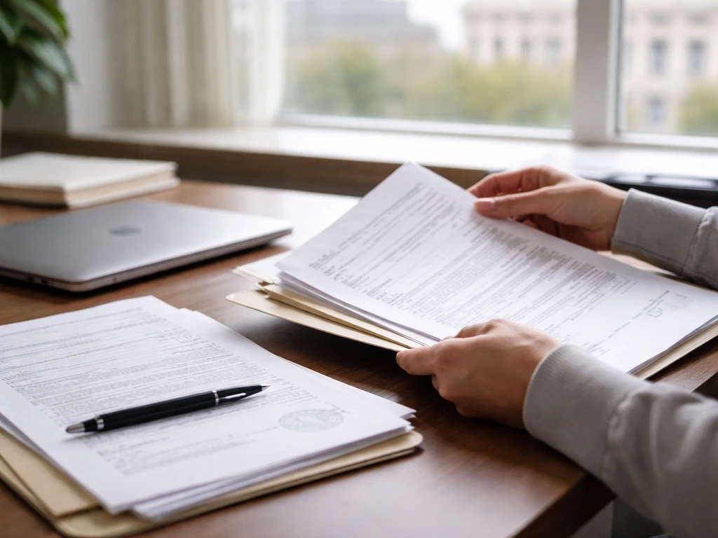 Minimal office desk with blurred documents and a laptop showing a nonprofit filings reference style, no readable text.