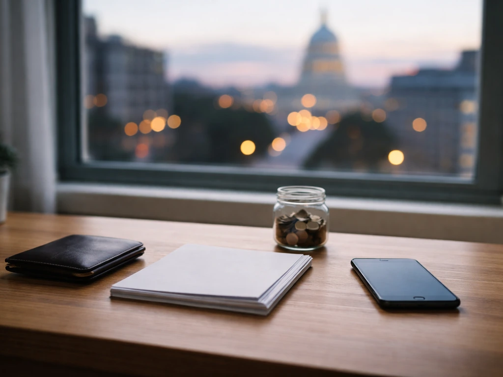 Minimal desk scene with wallet and coins, softly lit city view implying inferred investments.