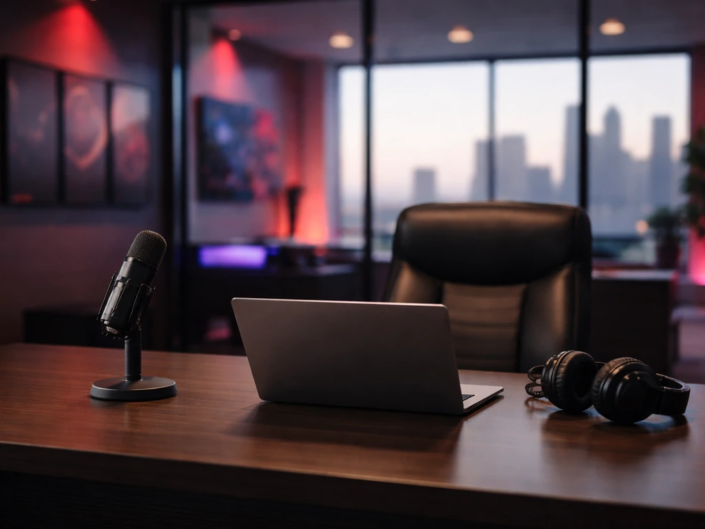 Minimal corporate office scene with a gaming-industry vibe, suggesting media and executive finance