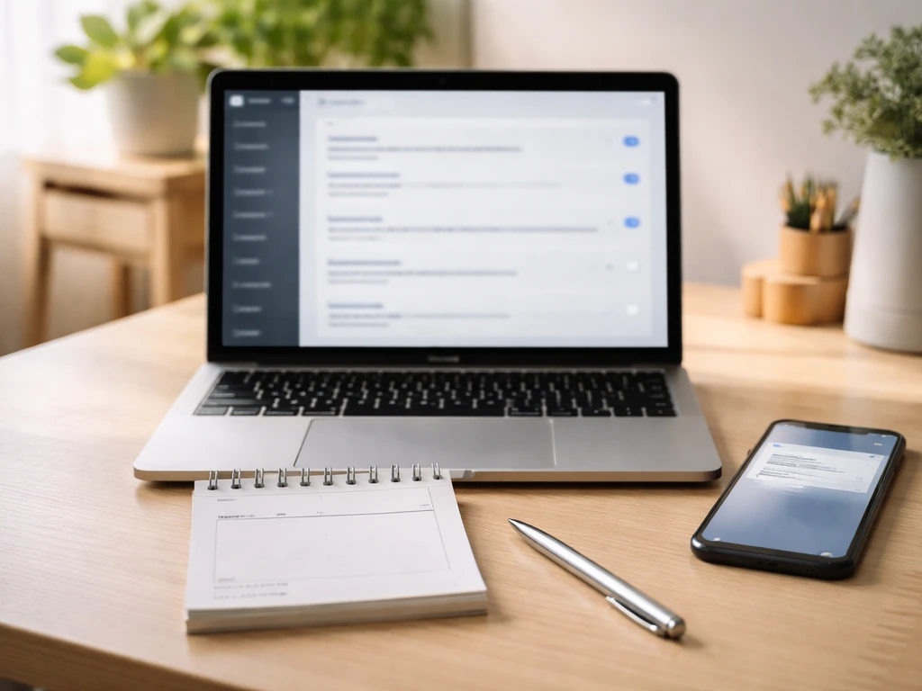 Laptop and smartphone on a desk with a calendar-style note showing a recent update time.