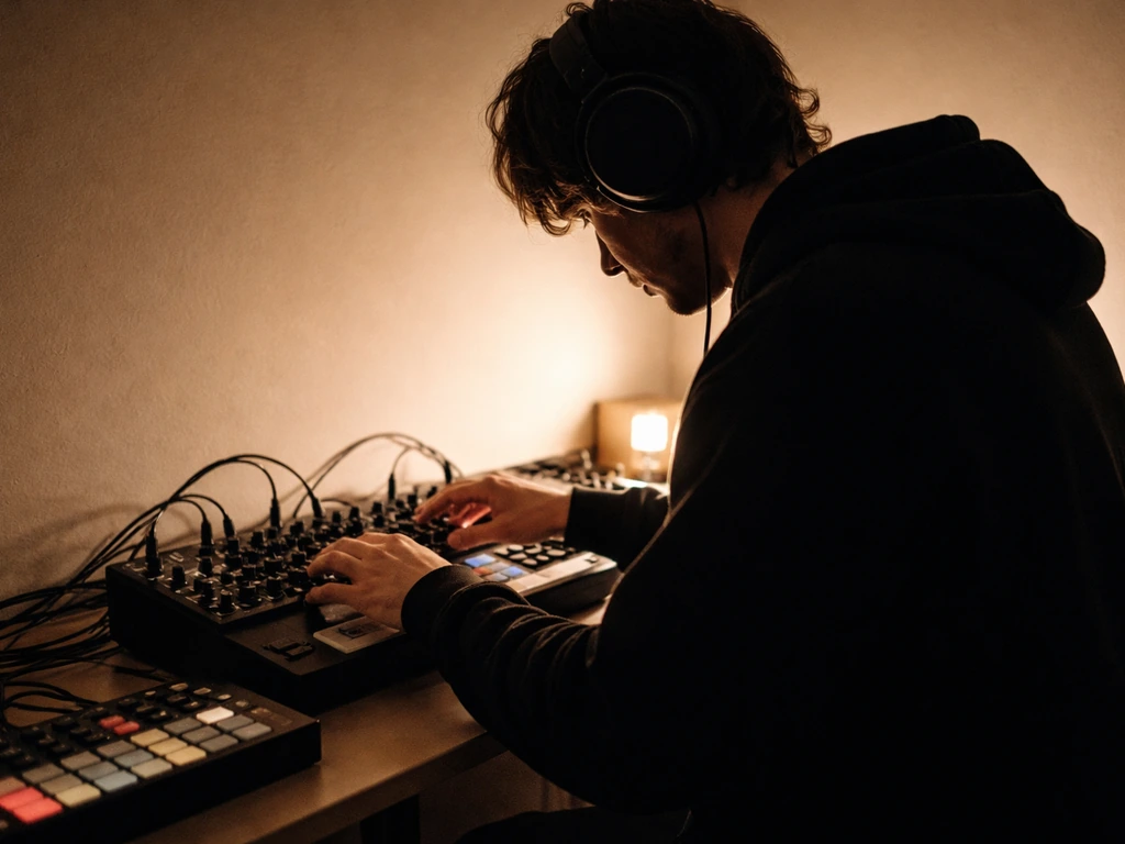 Anonymous musician in headphones adjusts an analog synthesizer in a minimal studio setting.