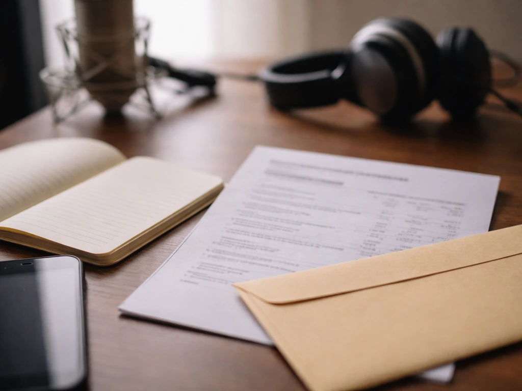 Close-up of a studio desk with blurred royalty statement papers, envelope, and microphone in soft focus.