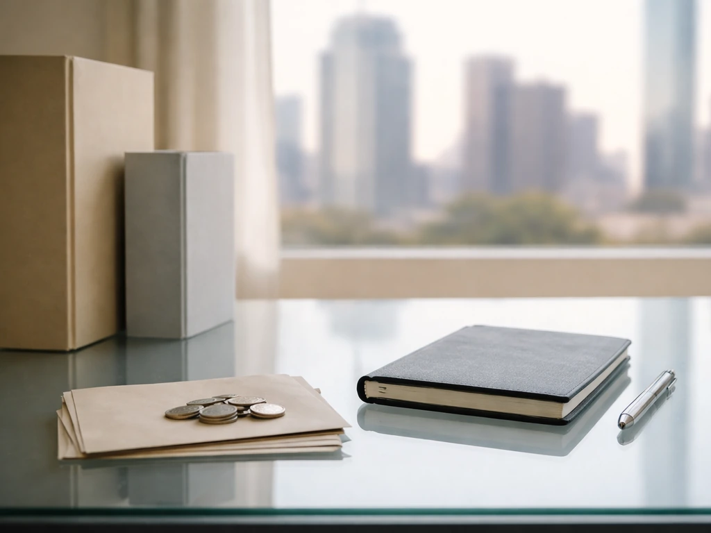 Minimal desk scene with coins, pen, and folders in soft natural light, symbolizing a net-worth range.