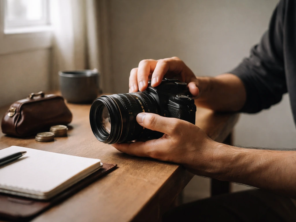 Anonymous filmmaker’s hands adjust a camera lens on a desk beside a coin purse in a minimal studio.