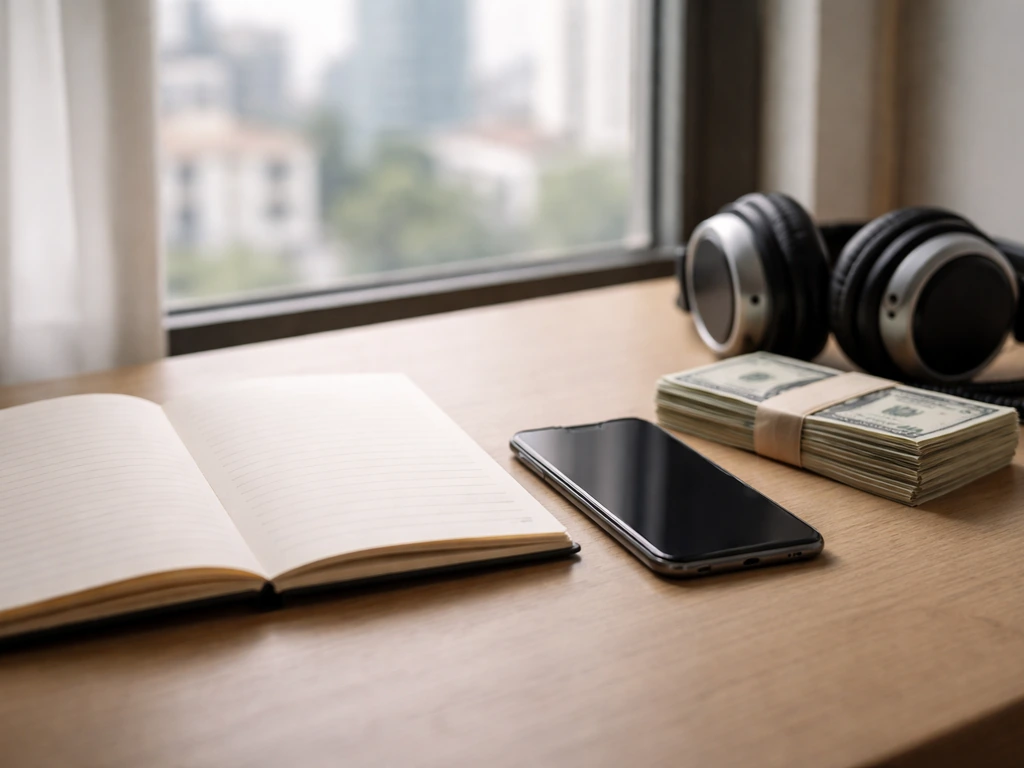 Minimal desk scene with cash and a smartphone beside studio gear, symbolizing a net worth estimate.