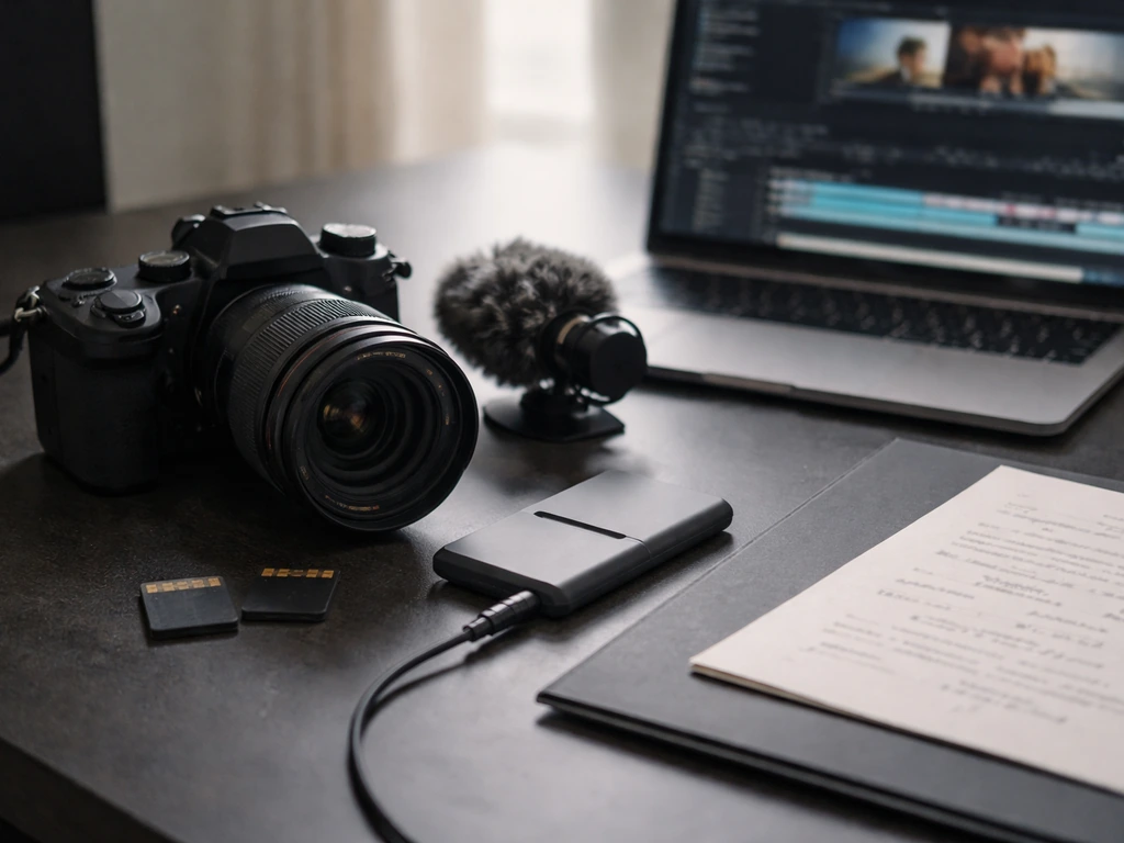 Close-up of filmmaking gear and laptop editing setup with storage drives, symbolizing content-creation income.