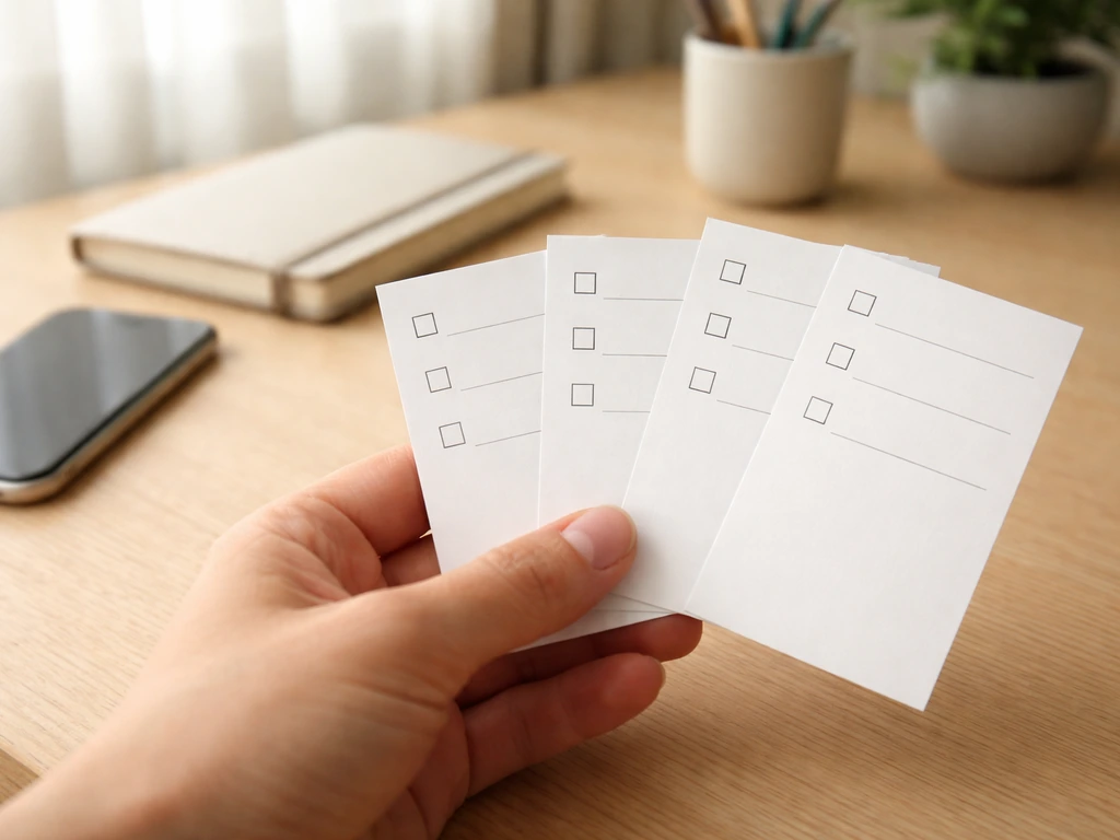 Minimal desk scene with four blank checklist cards representing identity verification steps.