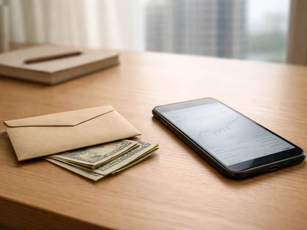 Minimal desk scene with a smartphone showing a blank monitoring screen and a small cash envelope, symbolizing net worth