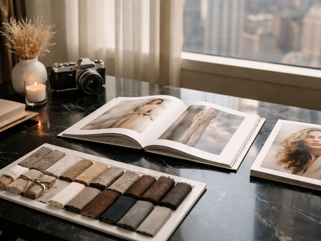Fashion creative director workplace with tailored fabric swatches, magazines, and a desk near a window.